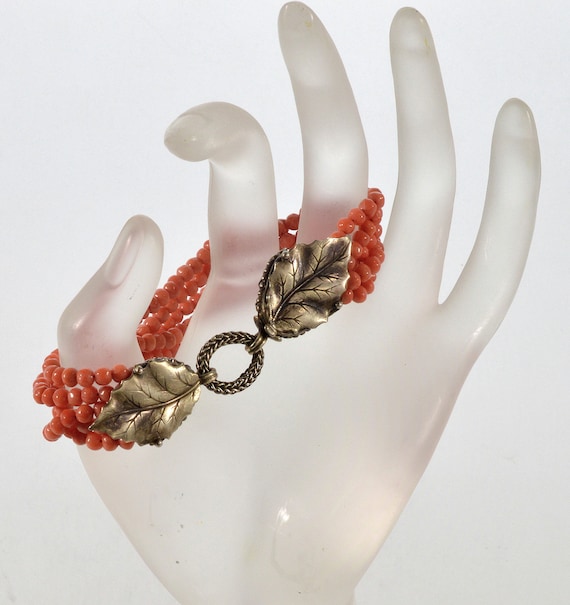 Art Deco Italian Salmon Coral Bracelet Foliage Ste