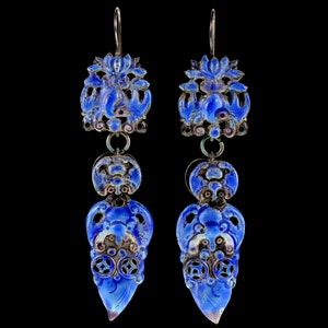 Antique Chinese Qing Dynasty Enamel Wedding Earrings 3 1/4 in C.1890
