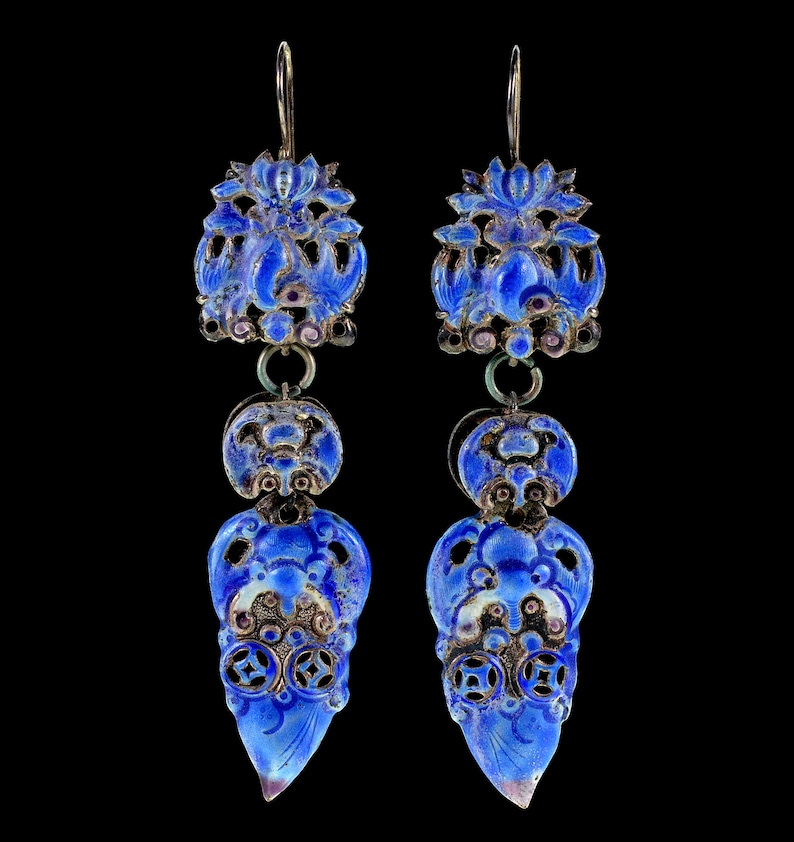 Antique Chinese Qing Dynasty Enamel Wedding Earrings 3 1/4 in C.1890