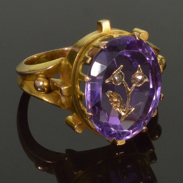 Antique 14K Gold Rose Of Sharon Diamond Ring Amethyst Inlay C.1860