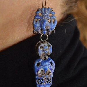 Antique Chinese Qing Dynasty Enamel Wedding Earrings 3 1/4 in C.1890