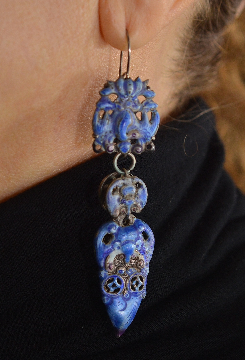 Antique Chinese Qing Dynasty Enamel Wedding Earrings 3 1/4 in C.1890