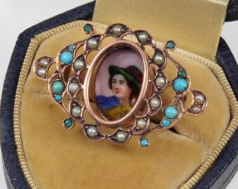 Antique Victorian 9K Gold Enamel Brooch Pin Turquoise Pearl C.1870