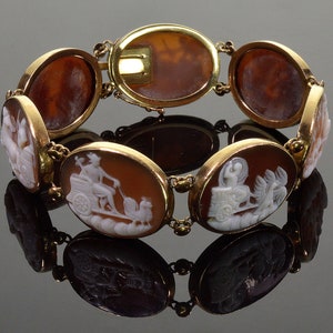 Antique Victorian 14K Gold Cameo Bracelet Carnelian Shell 7 Days Of The Week Roman Gods C.1880