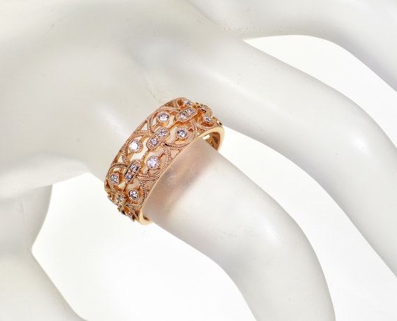 Estate 18K Gold Diamond Filigree Cigar Band Ring … - image 2