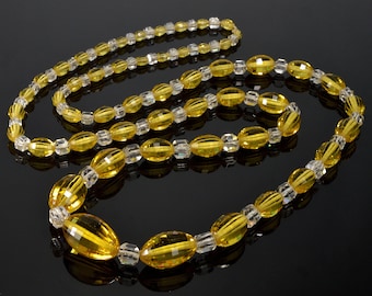 Antique Art Deco Czech Hand Faceted Lemon Crystal Bead Necklace Flapper 36" C.1920