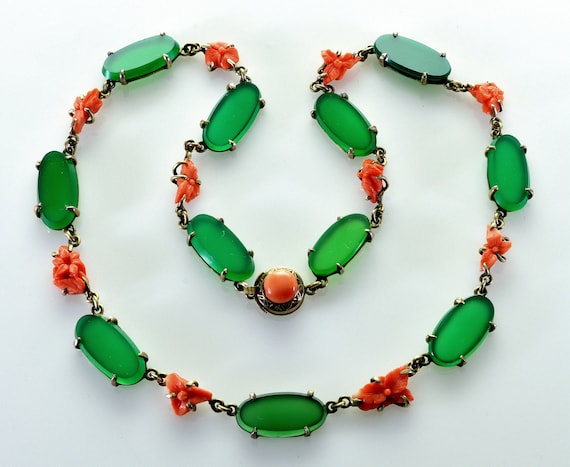 Antique Art Deco Chrysoprase Coral Sterling Neckl… - image 1