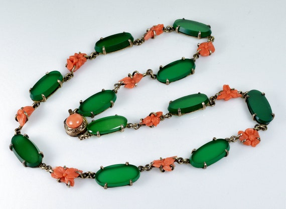 Antique Art Deco Chrysoprase Coral Sterling Neckl… - image 4