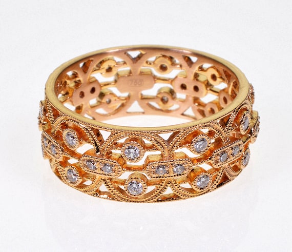 Estate 18K Gold Diamond Filigree Cigar Band Ring … - image 1