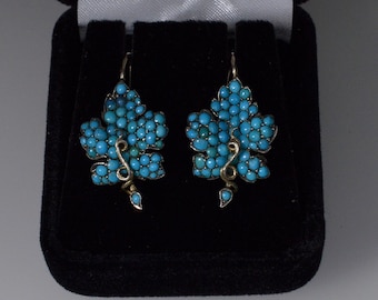 Victorian Turquoise 9K Gold Silver Leaf Earrings C.1890