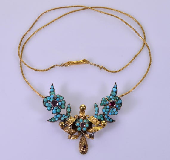 Georgian Persian Turquoise Garnet 9K Gold Necklace C.1820 Antique