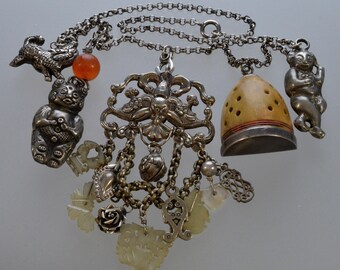 Antique Chinese Silver Necklace Mutton Fat Jade Carnelian Charm C.1890
