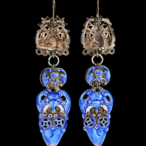 Antique Chinese Qing Dynasty Enamel Wedding Earrings 3 1/4 in C.1890