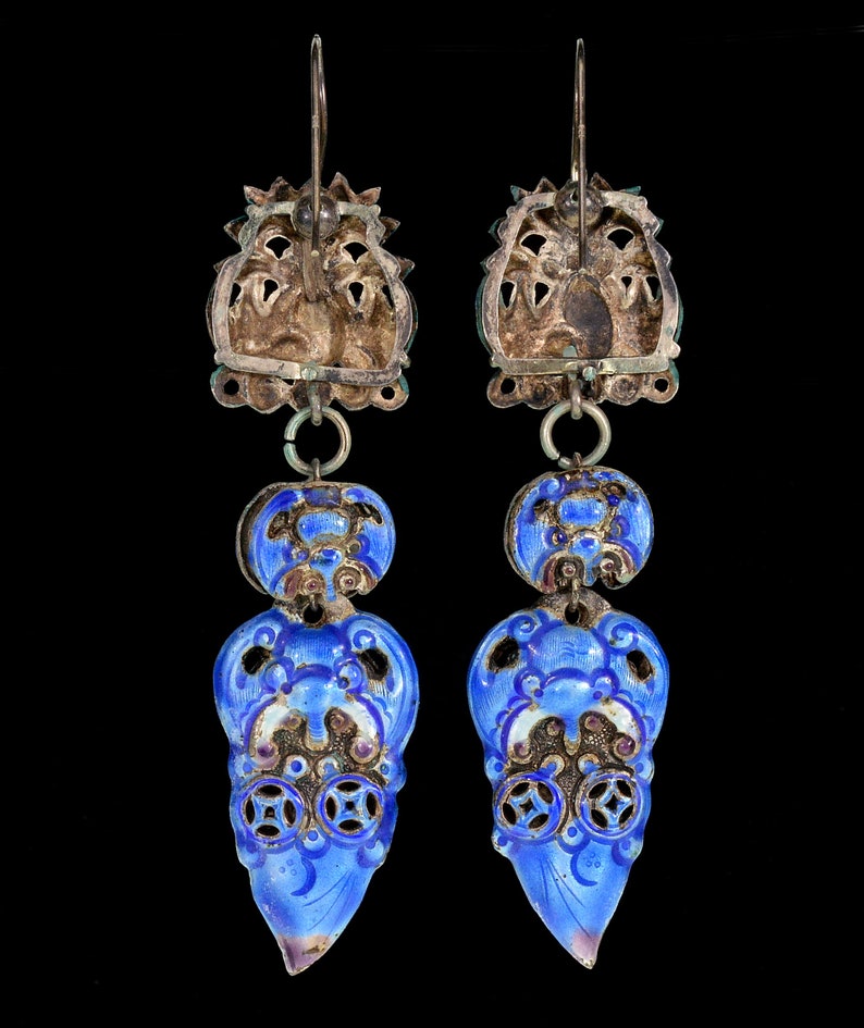 Antique Chinese Qing Dynasty Enamel Wedding Earrings 3 1/4 in C.1890