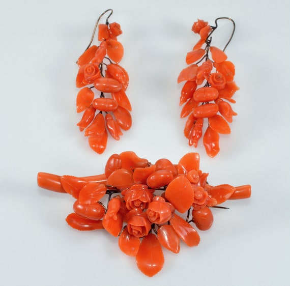 Antique Victorian Salmon Red Coral 10K Gold Earri… - image 3