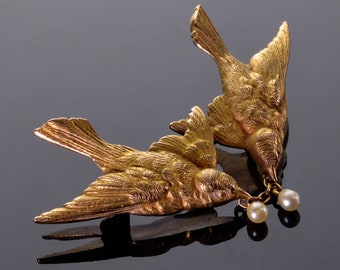 Antique French 18K Gold Love Doves Pair Brooch Pin C.1890