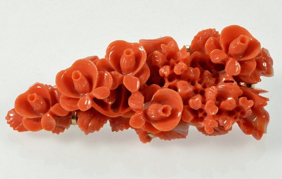 Estate Carved Salmon Coral Roses 14K Brooch Pin C… - image 3