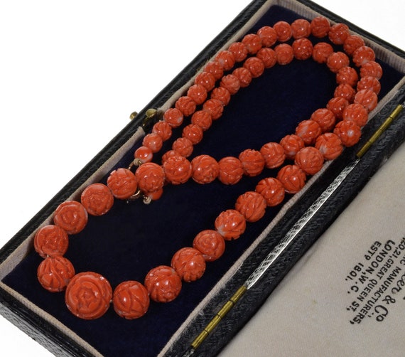 Antique Art Deco Carved Orange Red Momo Coral Nec… - image 3