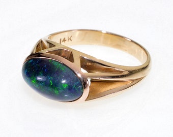 Art Deco Black Opal 14K Gold Solitaire Ring Size 5 1/2 C.1930