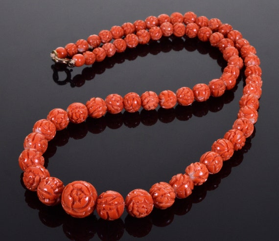 Antique Art Deco Carved Orange Red Momo Coral Nec… - image 1