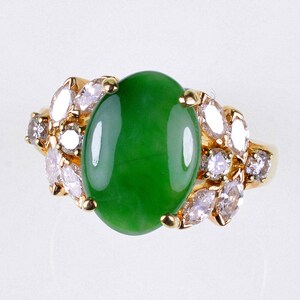 18K Gold Jadeite Jade Diamond Ring Size 8 1/4 Stamped AJF