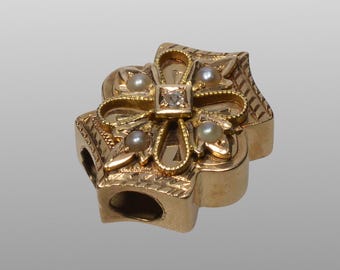Antique Victorian 14K Gold Diamond Pearl Large Slide For Necklace C.1890