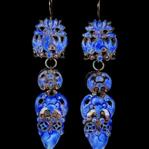 Antique Chinese Qing Dynasty Enamel Wedding Earrings 3 1/4 in C.1890