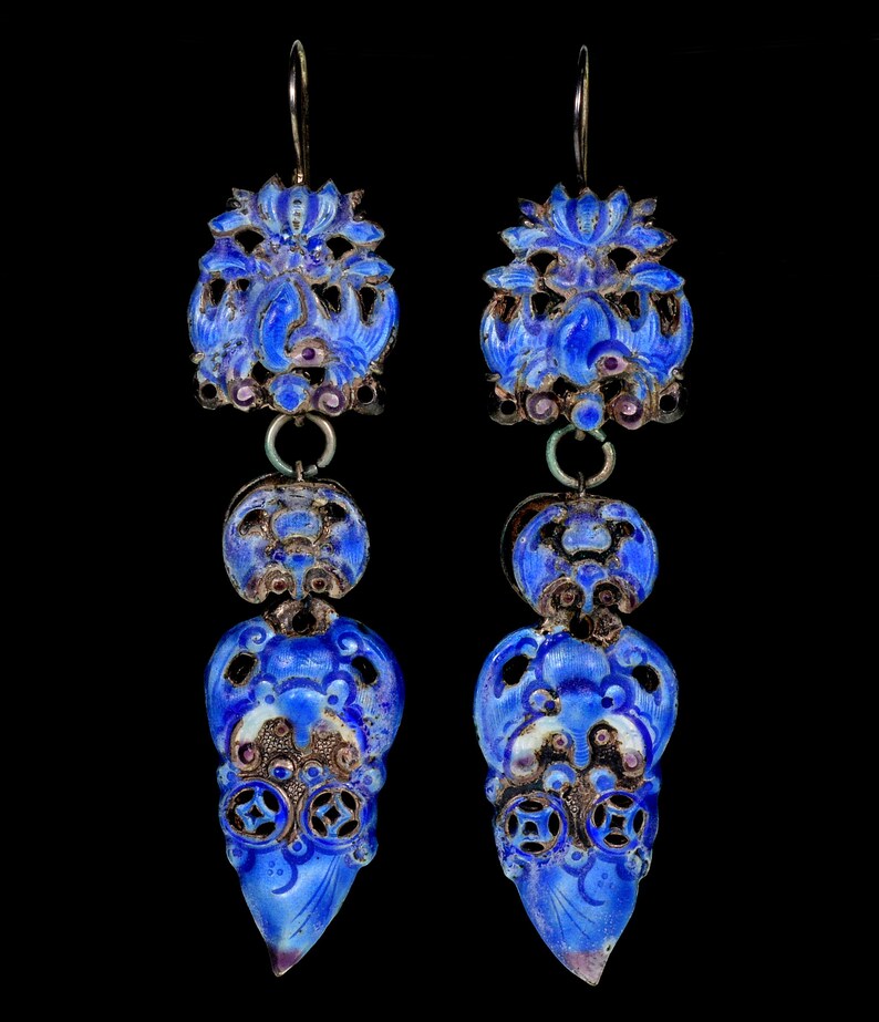 Antique Chinese Qing Dynasty Enamel Wedding Earrings 3 1/4 in C.1890