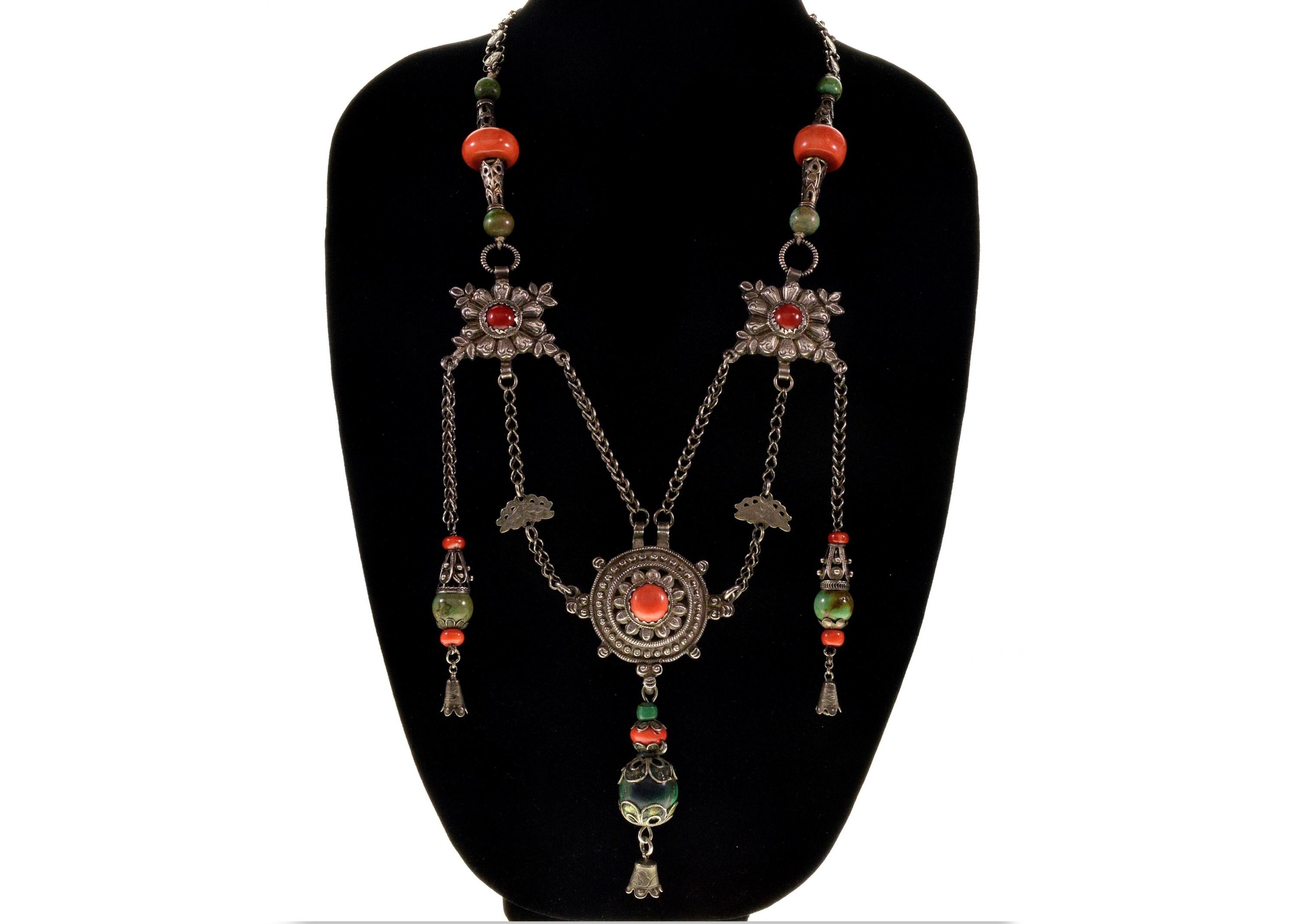 Antique Tibetan Silver Coral Turquoise Necklace Late Qing C.1880