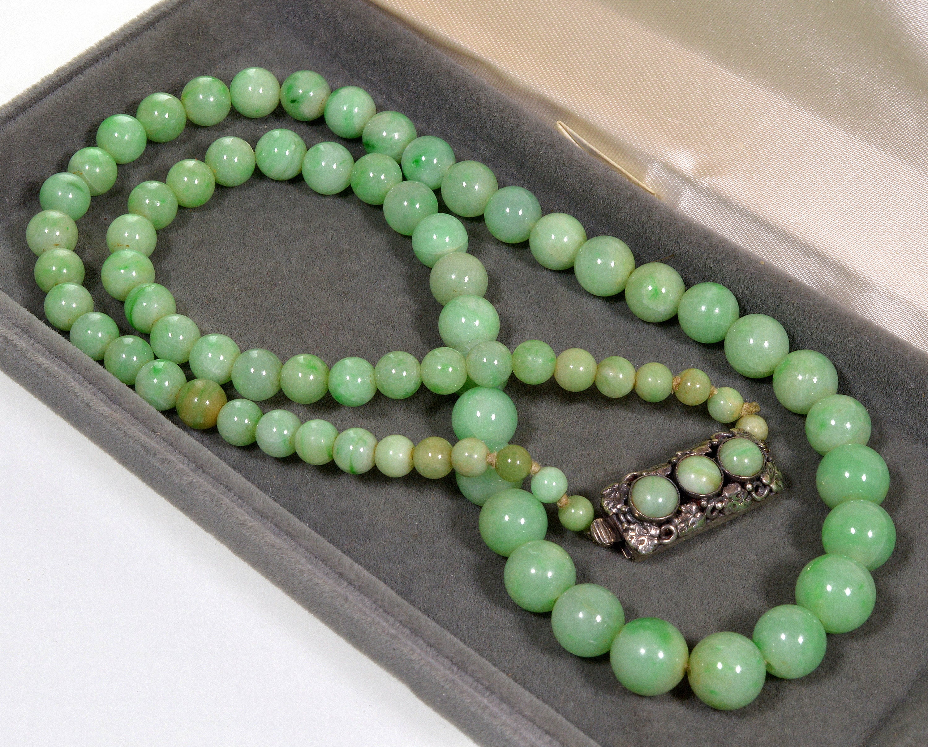 Antique Art Deco Jadeite Jade Bead Necklace 22 1/2, Sterling Clasp c.1920