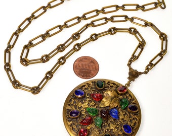 Antique Victorian Czech Fruit Salad Glass Filigree Brass Necklace C.1890