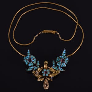 Georgian Natural Turquoise Garnet 9K Gold Necklace C.1820 Antique
