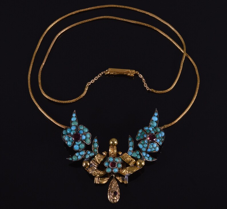 Georgian Natural Turquoise Garnet 9K Gold Necklace C.1820 Antique