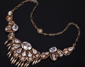 Antique Victorian Necklace Crystal Enamel Filigree Brass C.1880