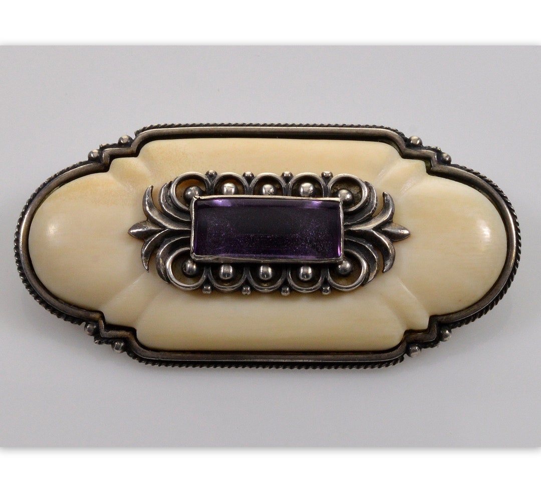 Broche Ancienne Art Nouveau En Argent 800 Avec Améthyste - Signée Gustav Hauber - Occasion
