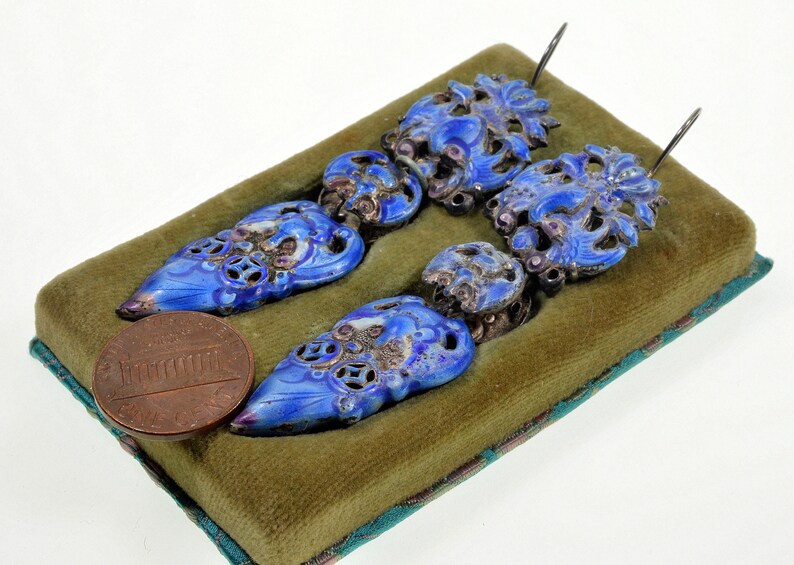 Antique Chinese Qing Dynasty Enamel Wedding Earrings 3 1/4 in C.1890
