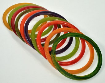 Art Deco Set Of 10 Bakelite Bangle Bracelets Translucent Prystal Marbled Multi Color C.1930