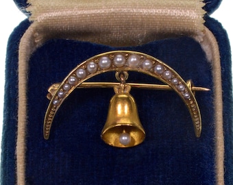Antique Victorian 14K Gold Pearl Pin Brooch Crescent Moon Bell Chime C.1890