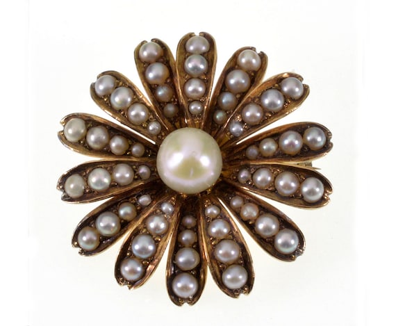 Antique Victorian 14K Gold Sead Pearl Daisy Brooc… - image 1