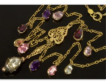 Antique Art Deco 14K Gold Chain Necklace Georgian Gemstones Drops