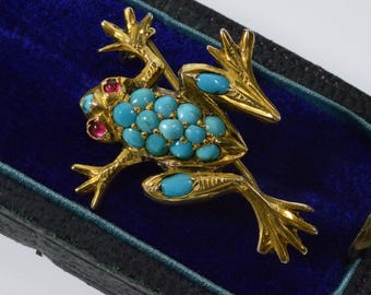 Antique Victorian Turquoise Silver Frog Pin Brooch C.1890