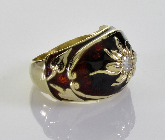 Estate 14K Gold Diamond Enamel Cocktail Ring Size… - image 1