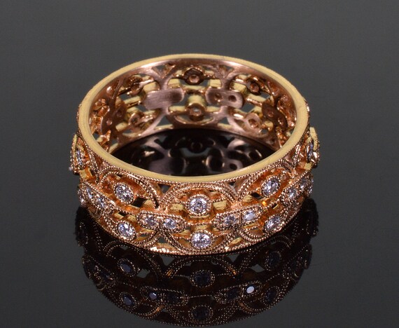 Estate 18K Gold Diamond Filigree Cigar Band Ring … - image 3