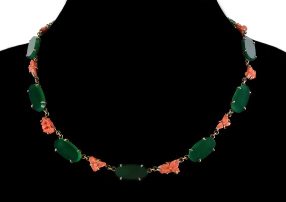 Antique Art Deco Chrysoprase Coral Sterling Neckl… - image 2