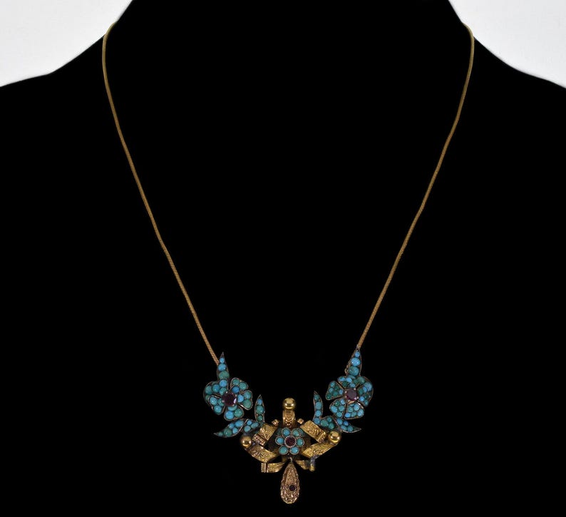 Georgian Natural Turquoise Garnet 9K Gold Necklace C.1820 Antique