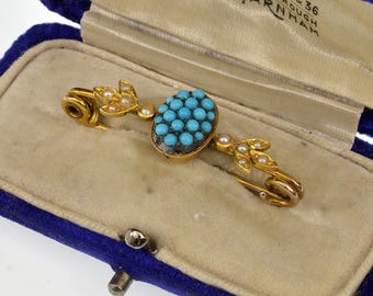 Antique Victorian 14K Gold Natural Turquoise Seed Pearl Brooch Pin In Original Box C.1860