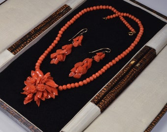 Victorian Salmon Red Coral 14K Gold Necklace Earrings Set C.1860