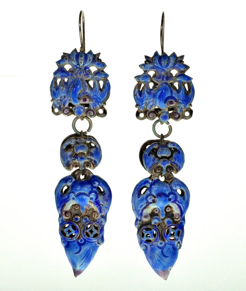 Antique Chinese Qing Dynasty Enamel Wedding Earrings 3 1/4 in C.1890