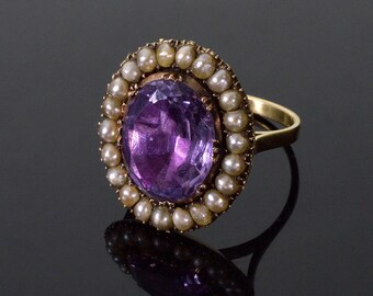 Antique Georgian 14K Gold Amethyst Pearl Ring Conversion Size 7 1/2 C.1820