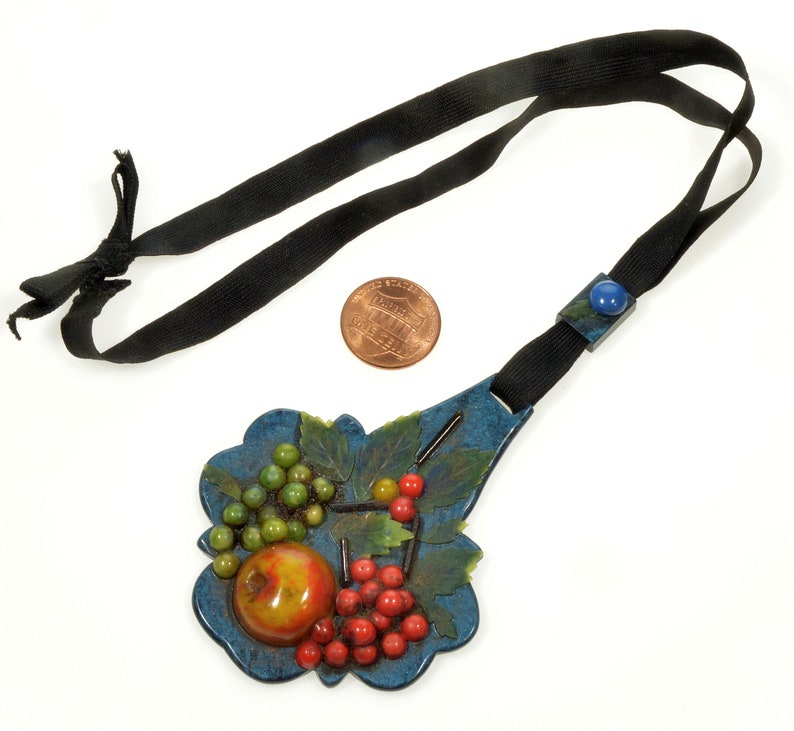Antique Art Deco French Celluloid Fruit Salad Pendant Necklace C.1930